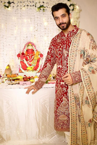 Sharad Malhotra in Nazm Maroon Kurta Set with Patiyala and Dupatta