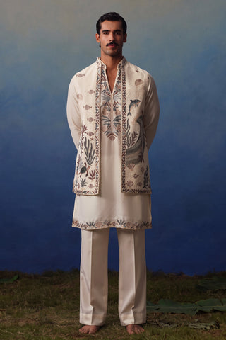 Aqua Ivory V Neck Kurta Jacket Set with Pants