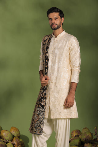 Kaustubh Cream Front Open Kurta patiyala set with dupatta