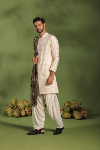 Kaustubh Cream Front Open Kurta patiyala set with dupatta