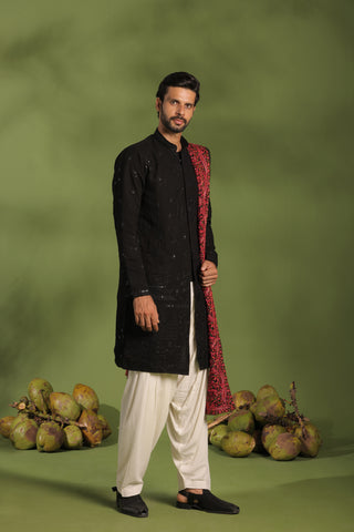 Agni Black Front Open Kurta patiyala set with dupatta