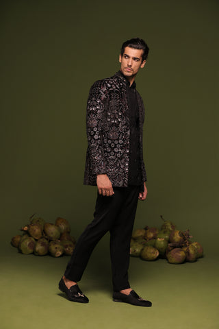 Raghunandan Black Jodhpuri set with short kurta and trouser