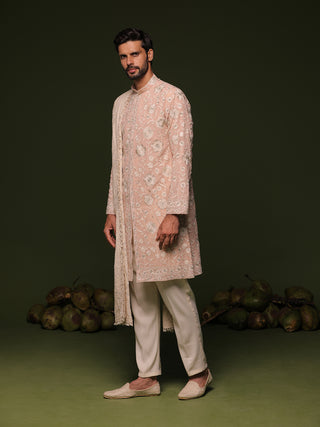 Ilesh peach front open kurta set with trouser and dupatta