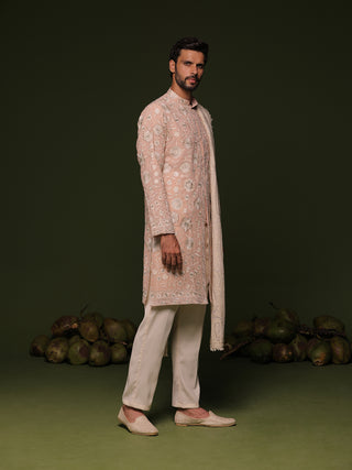 Ilesh peach front open kurta set with trouser and dupatta