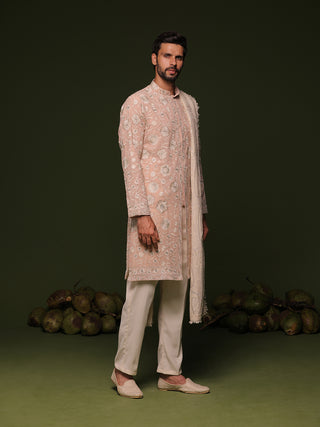 Ilesh peach front open kurta set with trouser and dupatta