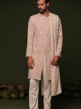 Ilesh peach front open kurta set with trouser and dupatta