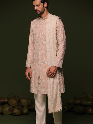 Ilesh peach front open kurta set with trouser and dupatta