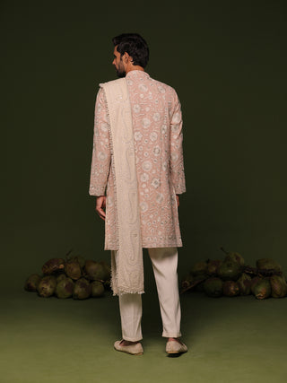 Ilesh peach front open kurta set with trouser and dupatta