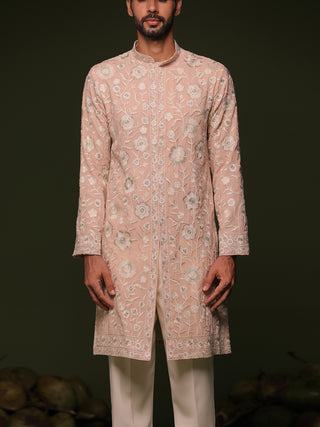 Ilesh peach front open kurta set with trouser and dupatta