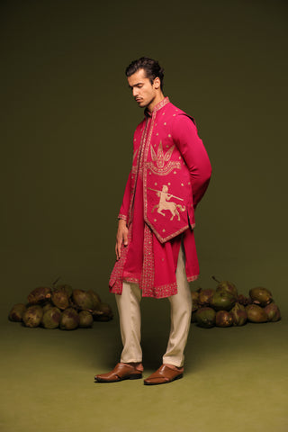 Manohar hot pink Jacket kurta set with trouser and Dupatta