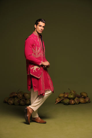 Manohar hot pink Jacket kurta set with trouser and Dupatta