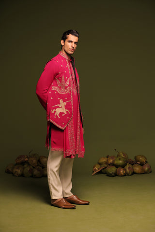 Manohar hot pink Jacket kurta set with trouser and Dupatta