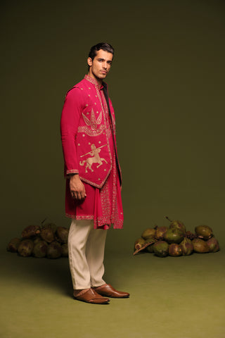 Manohar hot pink Jacket kurta set with trouser and Dupatta