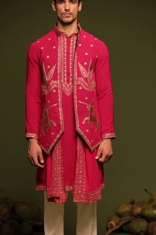 Manohar hot pink Jacket kurta set with trouser and Dupatta