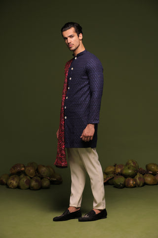 Aviral Navy Front Open Kurta trouser set with dupatta