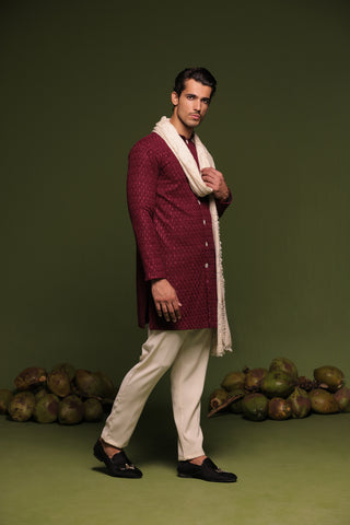 Kaidar Red Front Open Kurta trouser set with dupatta