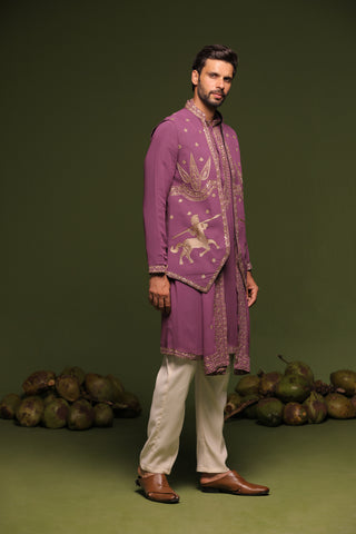 Avyay mauve Purple Jacket kurta set with trouser and dupatta