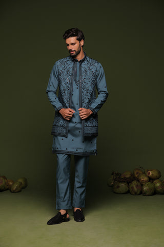 Vid Persian Blue handwork Jacket kurta set with trouser