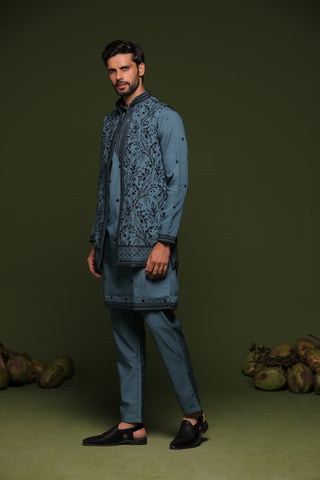 Vid Persian Blue handwork Jacket kurta set with trouser