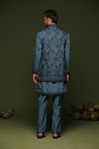 Vid Persian Blue handwork Jacket kurta set with trouser