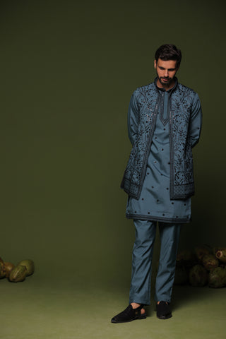 Vid Persian Blue handwork Jacket kurta set with trouser